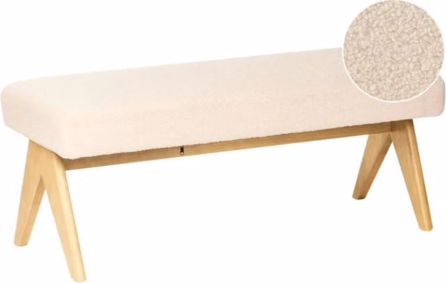 Panca imbottita BELIANI in tessuto bouclé bianco sporco e beige con gambe in legno di gomma marrone chiaro per camera da letto o soggiorno L: 118 cm, P: 46 cm, H: 48 cm