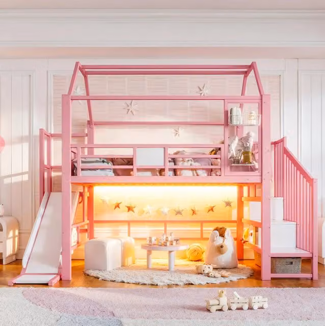 Letto a soppalco rosa per bambini con struttura in metallo, scivolo, scala, contenitori e illuminazione LED Bluetooth, per materasso 140x200 cm