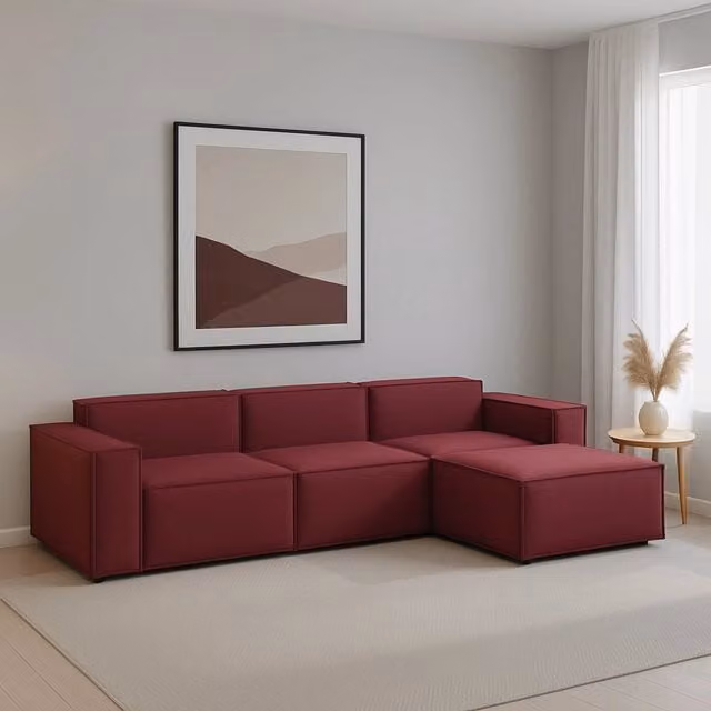 Divano componibile Ananas di Talamo Italia, modello moderno a 3 posti con penisola a destra, rivestimento in tessuto rosso con funzione letto e coperture rimovibili, L: 300 cm, P: 170 cm, H: 70 cm