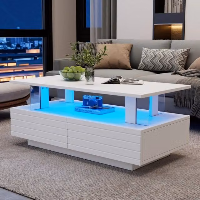 Tavolino basso fisso LED con app e telecomando 2 cassetti ripiano aperto bianco 100 × 50 × 42 cm