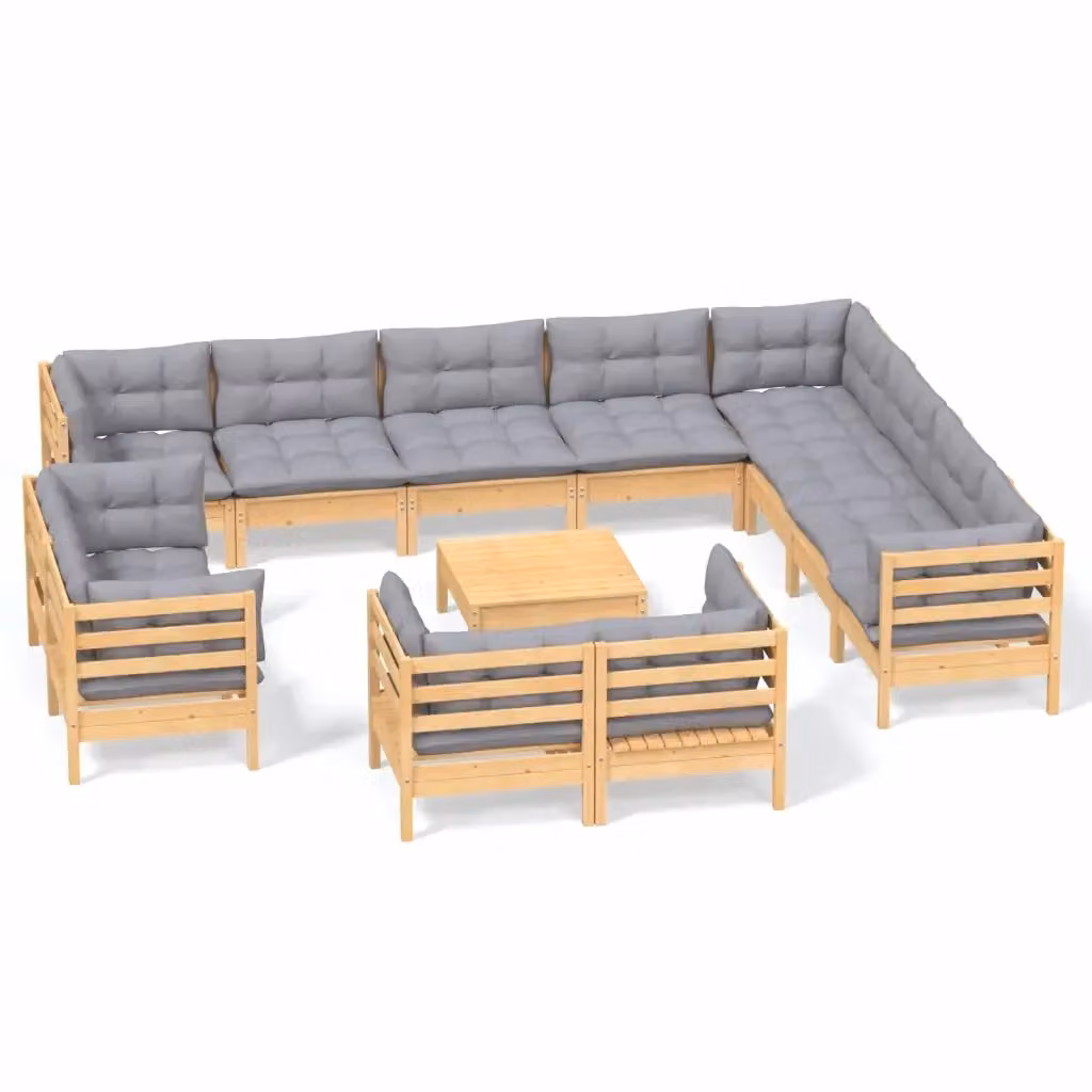 Set di divani da giardino vidaXL a forma di L in legno di pino massiccio con cuscini grigi, composto da 13 pezzi – 2