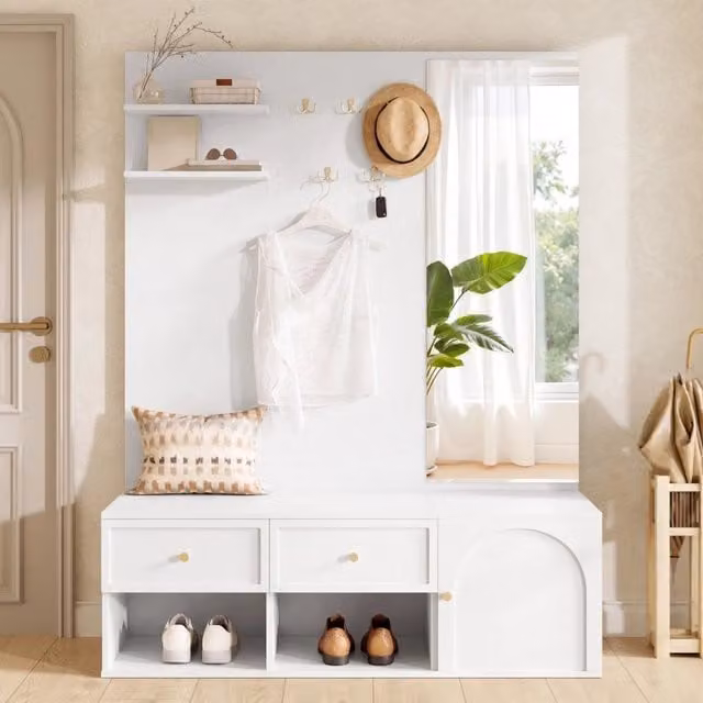 Set ingresso consolle appendiabiti specchio panca ¨C Minimal ¨C bianco 120x35x159 cm