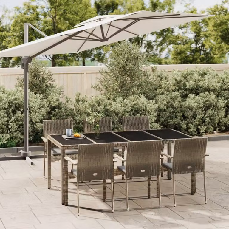 Set da pranzo da giardino vidaXL in polyrattan e legno di acacia grigio con 7 pezzi e cuscini