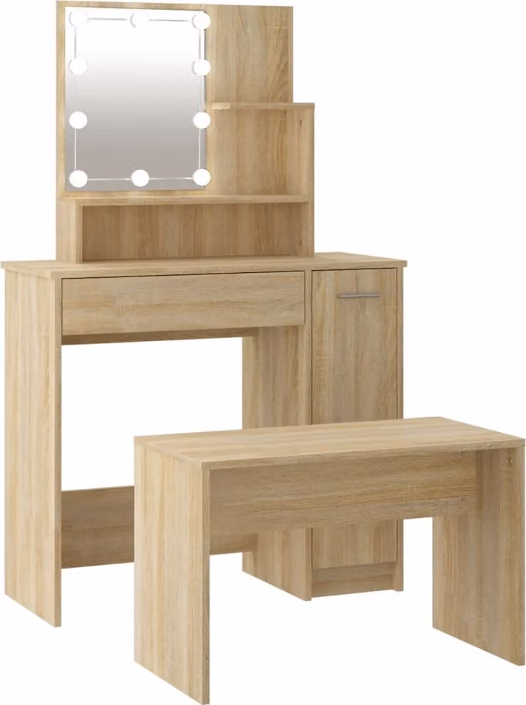 Set Tavolo da Toeletta con LED Rovere Sonoma Legno Multistrato