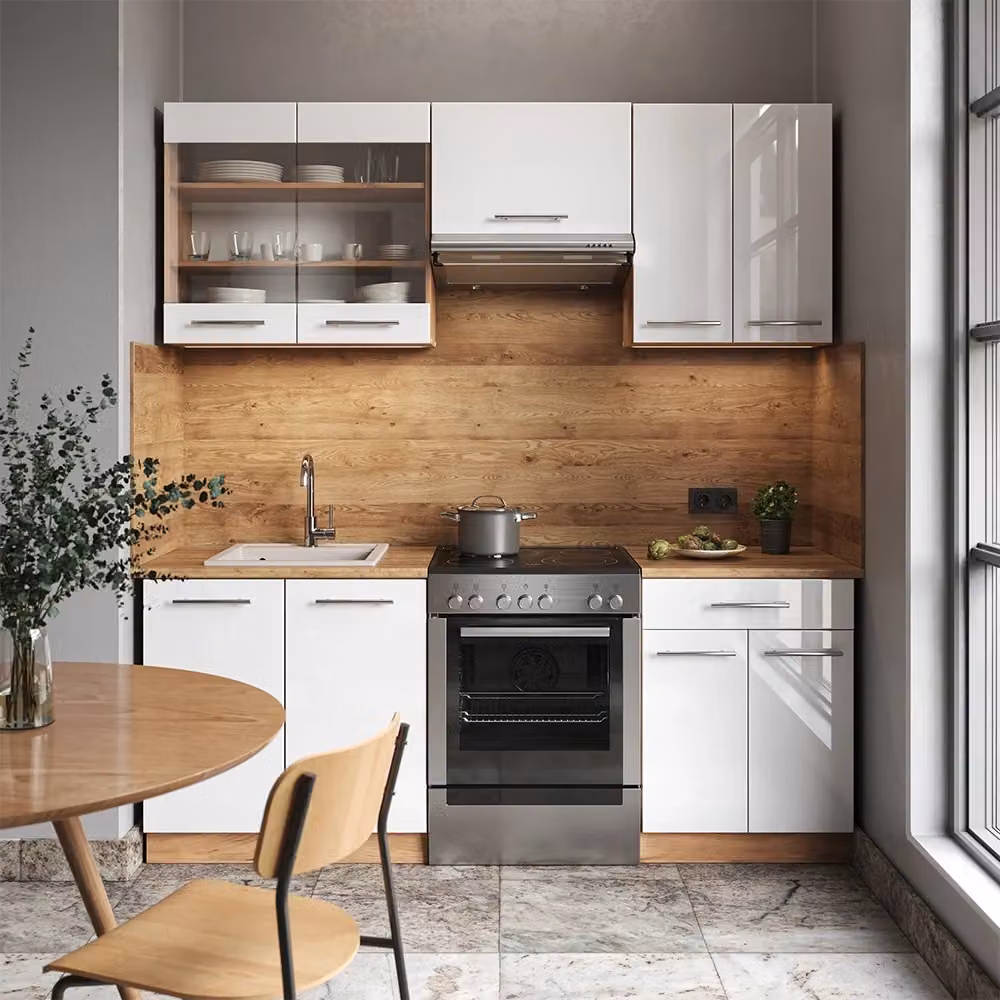 Cucina componibile Fame-Line Vicco Bianco lucido e Rovere dorato L: 200 cm – 2