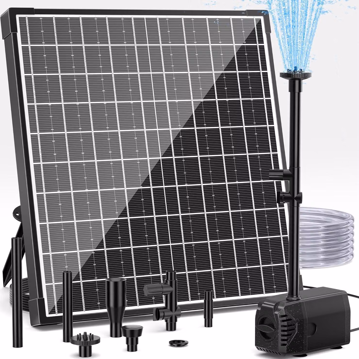 Fontana solare, 25 W, 1200 l/h, pompa solare per laghetto con filtro, 4 ugelli, 2 metri di tubo per l'acqua, 5 metri di cavo, gioco d'acqua fai-da-te
