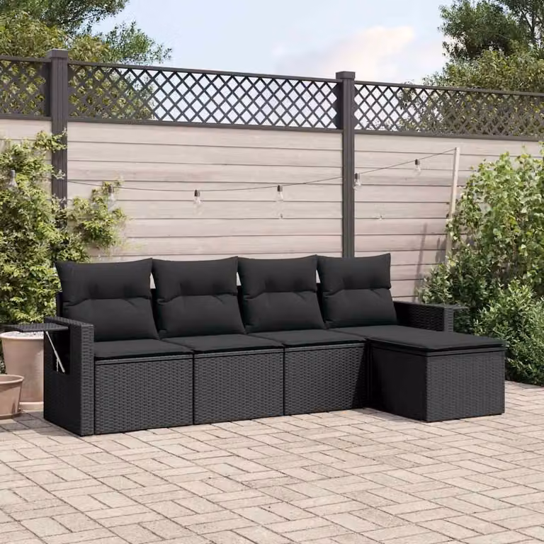 Set Divani da Giardino vidaXL 5 Pezzi in Polyrattan Nero con Cuscini e Struttura in Acciaio