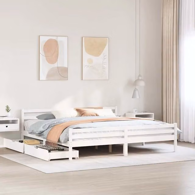 Giroletto senza Materasso-Struttura Letto Bianco 200x200 cm Legno Massello Pino 890399