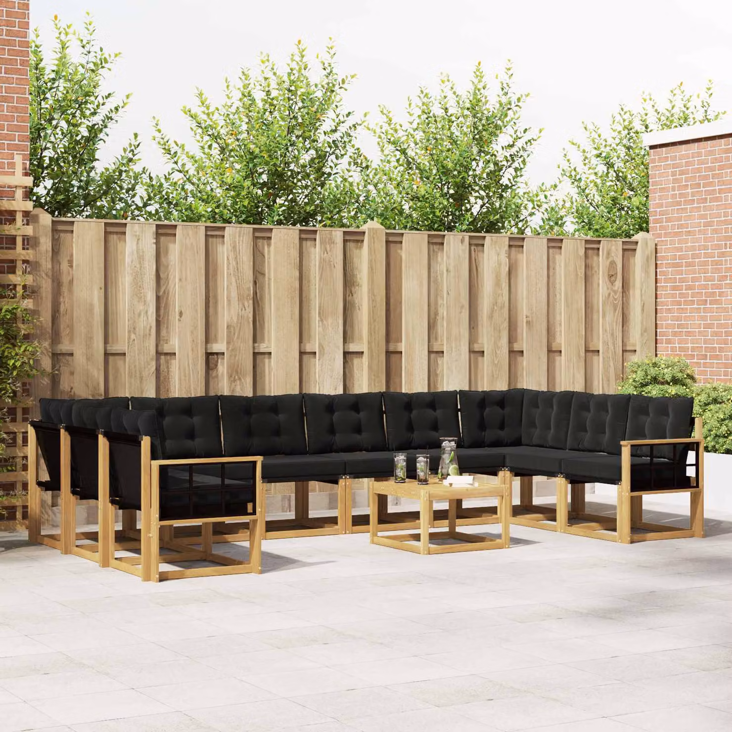 Set di divani da esterno vidaXL 11 pz a forma di U in legno di acacia con cuscini, bianco, nero e marrone