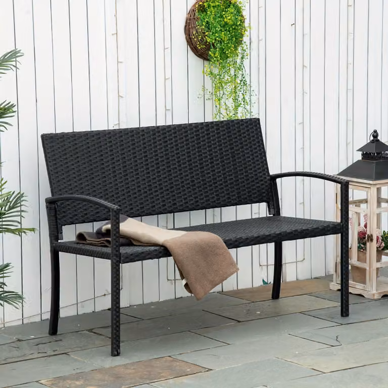 Tavolo da giardino con panchina - Panchina da esterno - Panchina da giardino - Piccolo divanetto da esterno - Divano in rattan - Divano in rattan sintetico nero - Divano a due posti