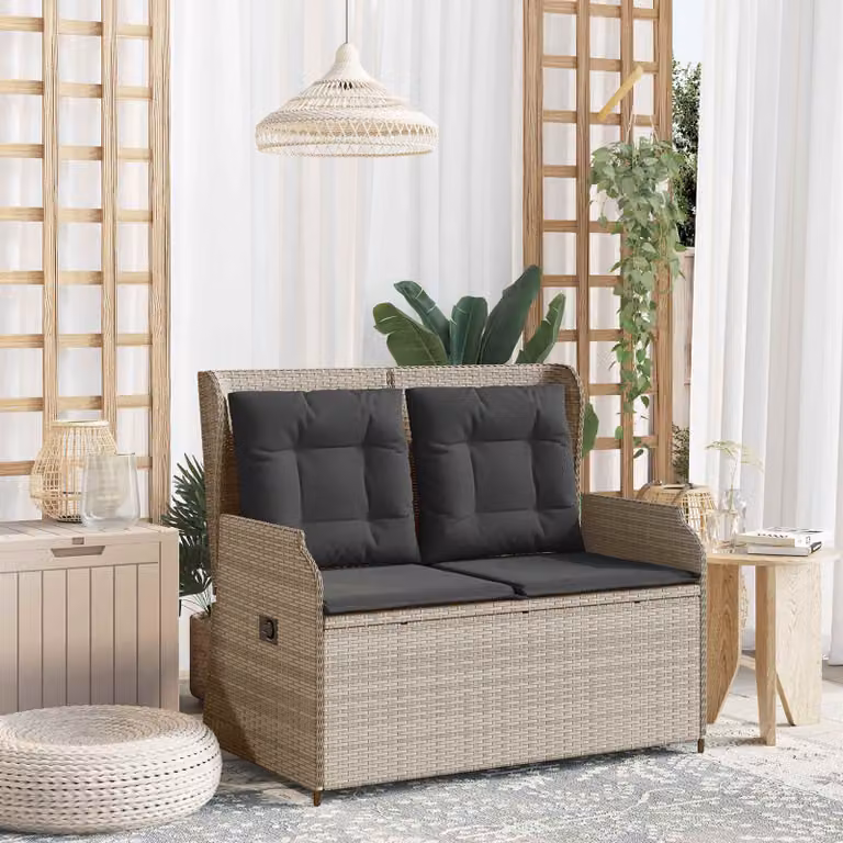 Panchina da giardino moderna vidaXL in rattan e metallo con braccioli, Grigio chiaro