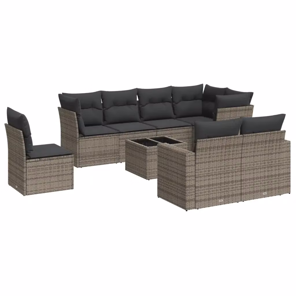 vidaXL Set Divano da Giardino 9 pz a Forma a L in Polyrattan Grigio con Cuscini e Tavolino da Caffè – 2