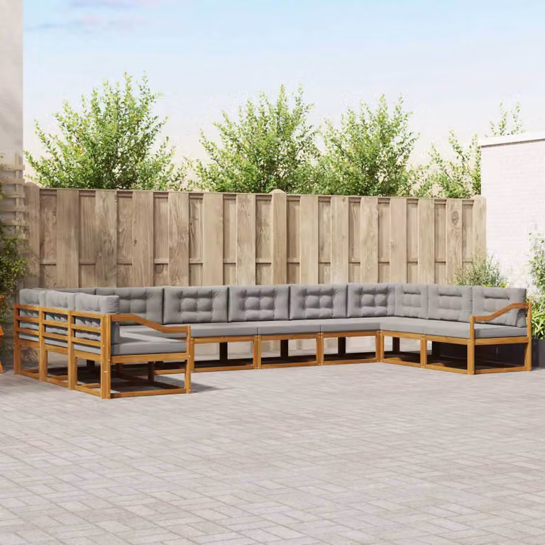 Set di divani da esterno vidaXL a forma di U composto da 10 pezzi in legno di acacia con cuscini beige e grigi