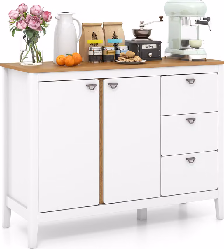 COSTWAY Armadio a buffet con 2 ante e 3 cassetti estraibili, mobile da cucina in legno con serratura antiribaltamento, mobile credenza per la casa bianco