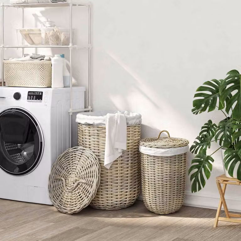 Set di 2 cesti per la biancheria con coperchio e maniglie vidaXL GENDT in rattan color beige e grigio