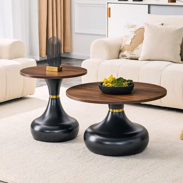 Set di 2 Tavolini da Caffè Rotondi a Nido, Design Moderno a Clessidra, Piano Effetto Legno, per Soggiorno Camera Ufficio