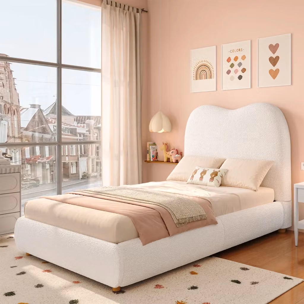 Letto imbottito per bambini WISHDOR con contenitore idraulico e rete a doghe, rivestimento in Bouclé beige, 90 x 200 cm – 2