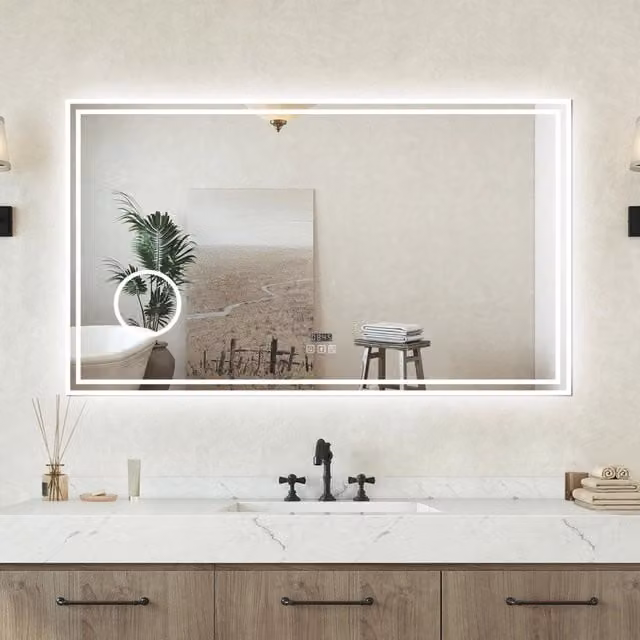 Specchio bagno Rettangolare 100x60cm Led Con 3 Luci + 3X Lente d'ingrandimento + Bluetooth + Orologio + Antiappannamento