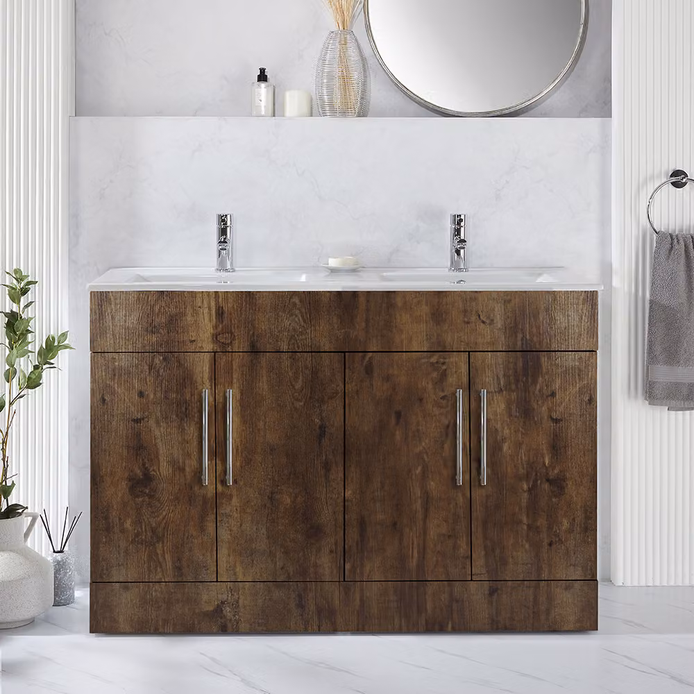 Mobile Bagno a Terra Rovere Scuro da 1210mm con Doppio Lavabo e Maniglie con Barra a T Cromate - Cluo