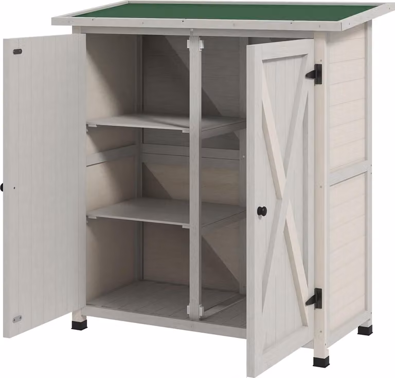 Armadietto da giardino, casetta per attrezzi in legno, armadietto per attrezzi resistente alle intemperie con 2 porte, casetta per attrezzi con tetto in asfalto, armadietto per attrezzi per giardino, terrazza, 110 x 55 x 117 cm, grigio chiaro