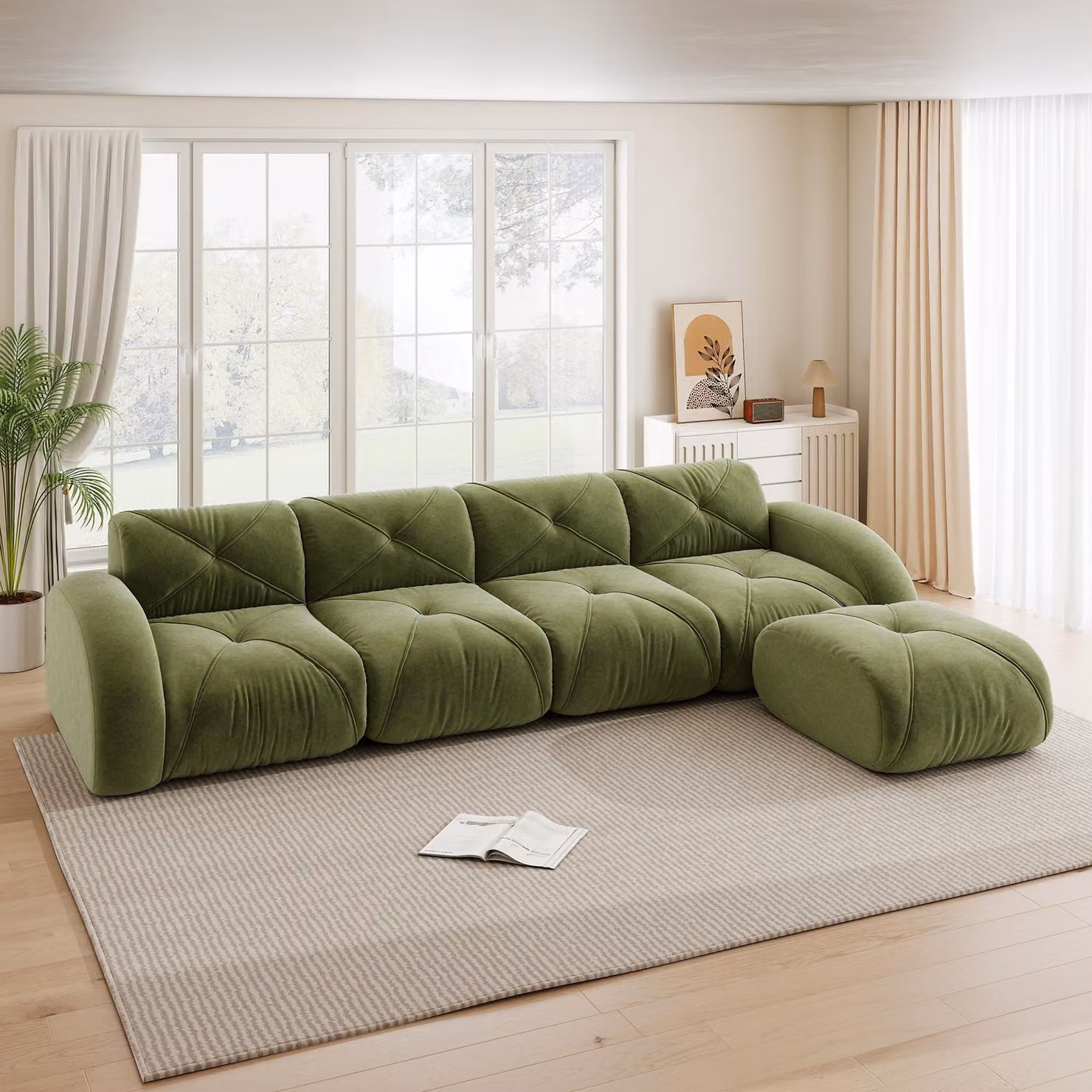 Poltrona a forma di L, divano modulare, per 4 persone, senza necessità di montaggio, antiscivolo, con poggiapiedi (verde)
