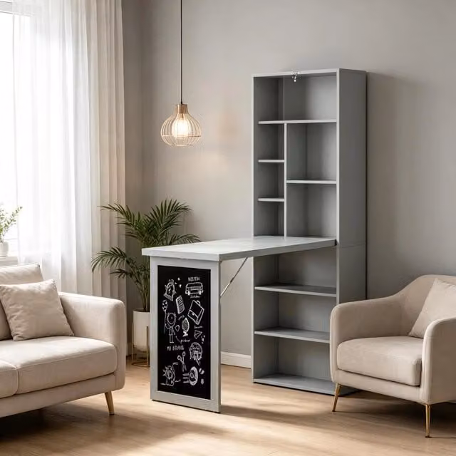 Scrivania a parete pieghevole REDOM in MDF nero con ripiano e lavagna L/P/H: 98 x 51 x 153 cm