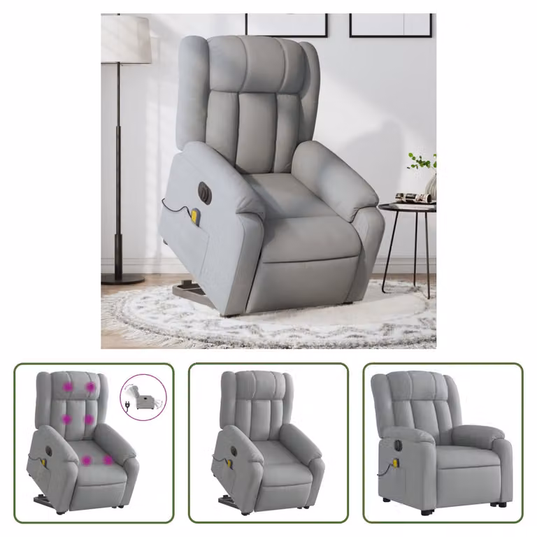 The Living Store Poltrona massaggiante elettrica con ausilio per la posizione eretta Tessuto grigio chiaro