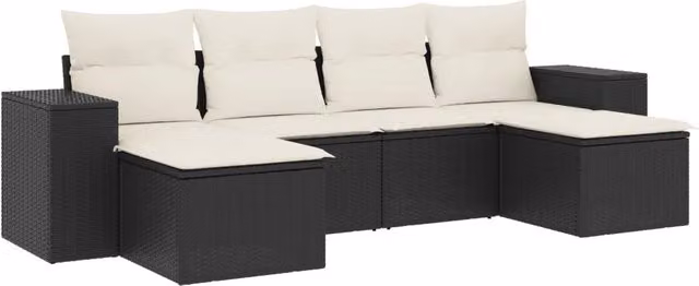 Set Salotto da Giardino Moderno a L con 6 Pezzi in Polyrattan Nero e Bianco con Cuscini Inclusi e Rivestimenti Rimovibili