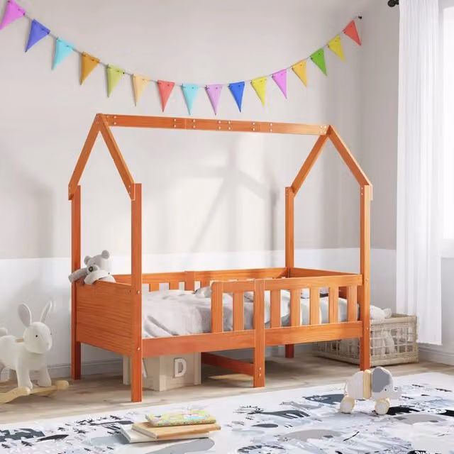 Giroletto a Casetta per Bambini vidaXL in Legno di Pino Massello Marrone Cera L: 160 cm, P: 80 cm
