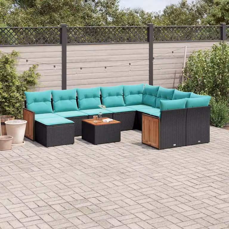 Set Divani da Giardino vidaXL 11 pz in Polyrattan Nero con Cuscini e Tavolino da Esterno a Forma di U