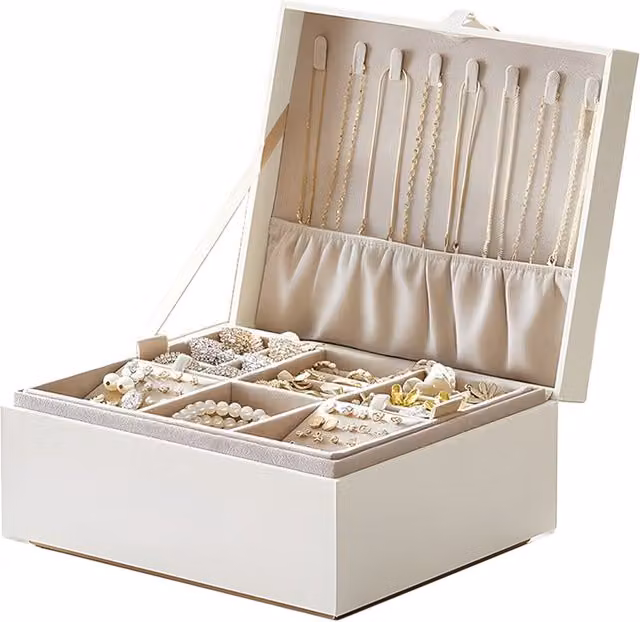 Organizer Portagioie Avilia Home Bianco in Tessuto con Maniglie, Vassoio Estraibile e Ganci per Collane, L/P/H: 23 x 17 x 9 cm