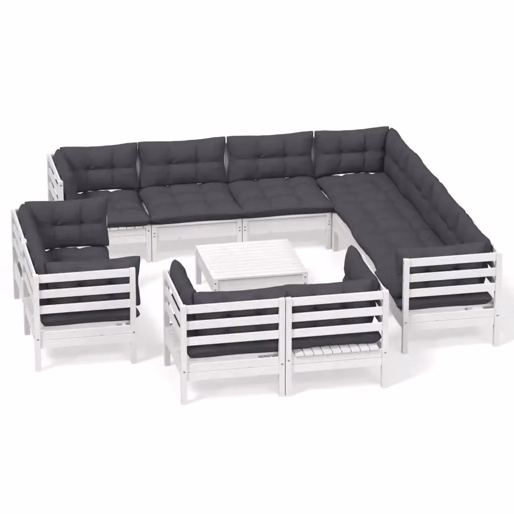 Set di divani da giardino a forma di U vidaXL in legno di pino con cuscini bianchi e antracite – 2