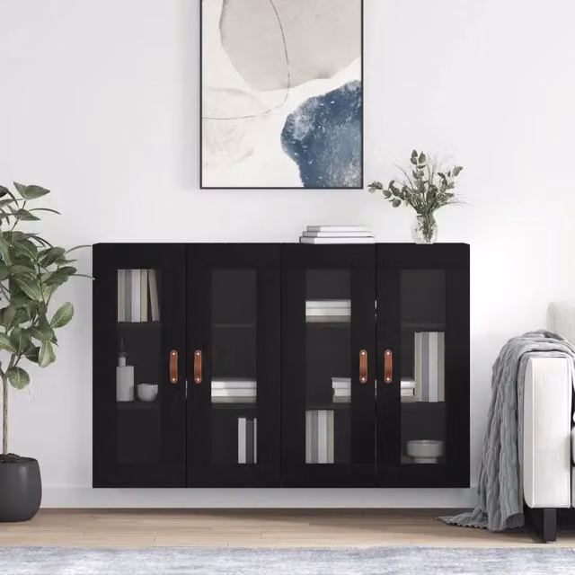 Set di 2 armadietti a parete vidaXL neri con ante in vetro e ripiani interni in legno per bagno in stile moderno