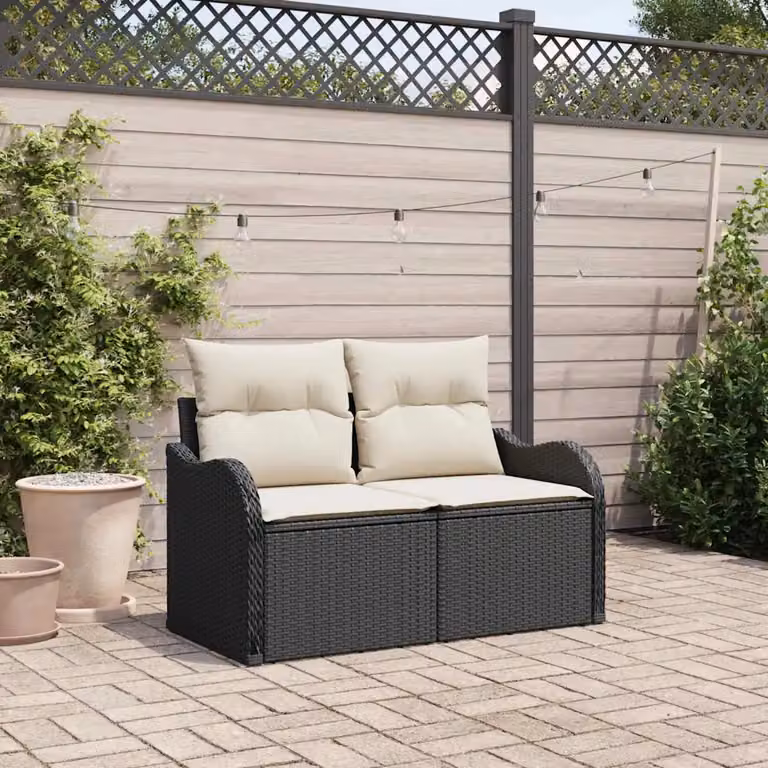 Divano da giardino vidaXL in polyrattan nero con cuscini, L: 121 cm, P: 62 cm, H: 69 cm