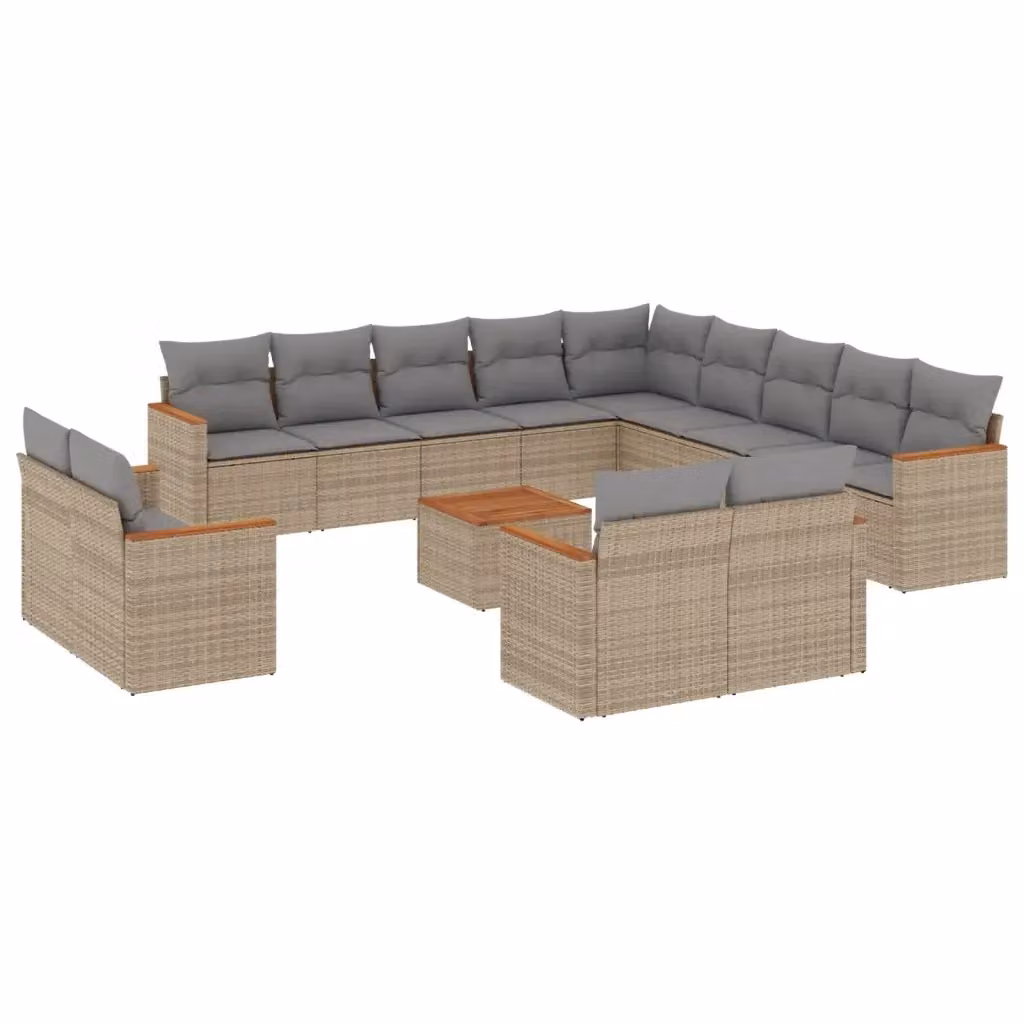 Set Divano da Giardino a L vidaXL in Polyrattan con Cuscini Beige e Grigio e Tavolino, 14 Pezzi – 2