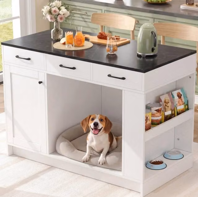 Isola da cucina ULEVR 120x60x90 cm con 3 cassetti, ripiano regolabile e vano per animali, bianca