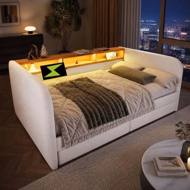 Letto matrimoniale 140x190 cm con 2 cassetti; LED; USB e USB-C in lino beige chiaro
