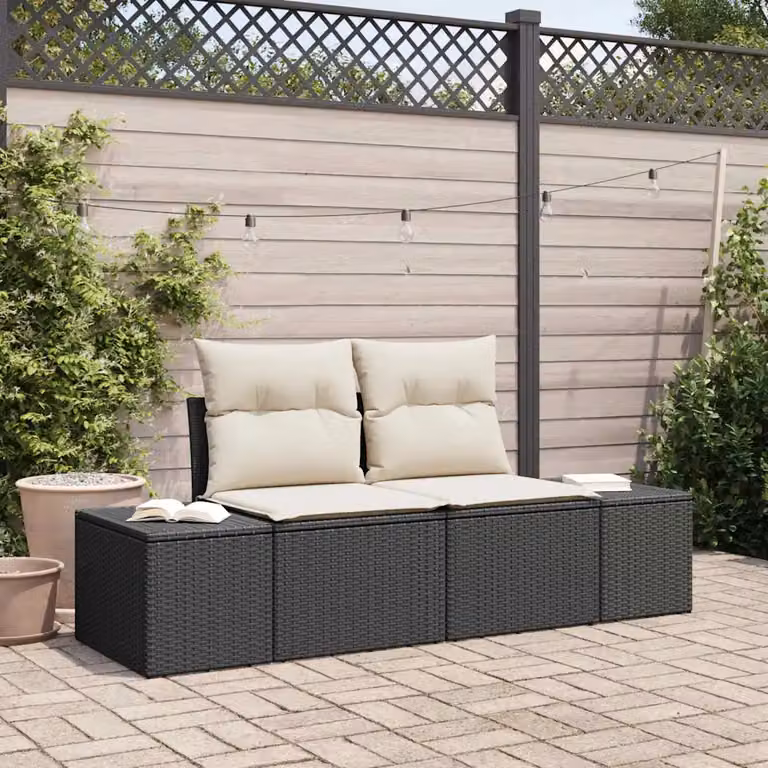 Divano da giardino vidaXL in polyrattan nero con cuscini, L: 184 cm, P: 62 cm, H: 69 cm