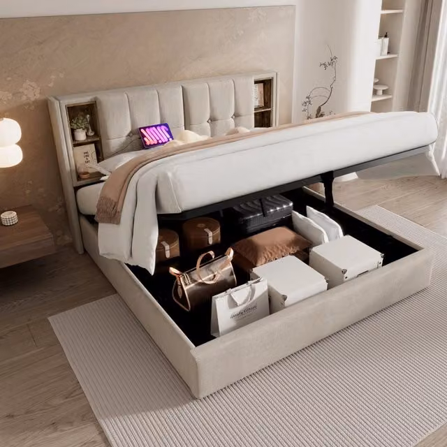 Letto matrimoniale imbottito 140 × 200 cm con vano contenitore ricarica wireless USB e USB-C in lino naturale