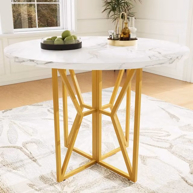 Tavolo da pranzo rotondo 80 x 80 x 76 cm in MDF e metallo con piano effetto marmo e gambe dorate