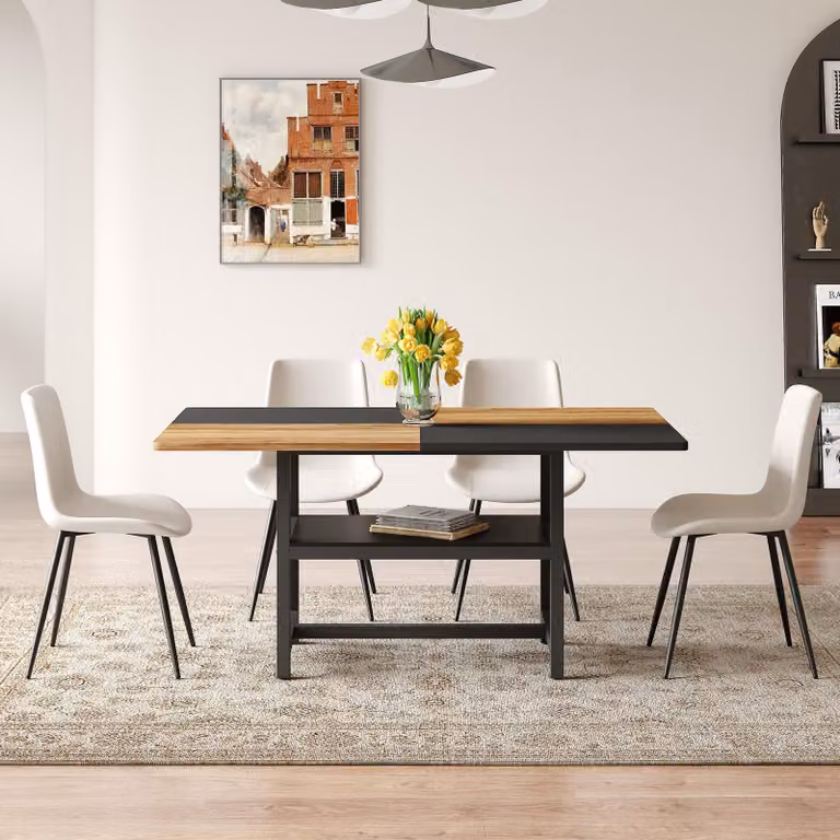Set da pranzo STILVORA con tavolo rettangolare da 160 cm dotato di vano portaoggetti, sedie da pranzo inPoliuretanocon cuscini di seduta più ampi, tavolo da pranzo con vano portaoggetti integrato, bianco e marrone