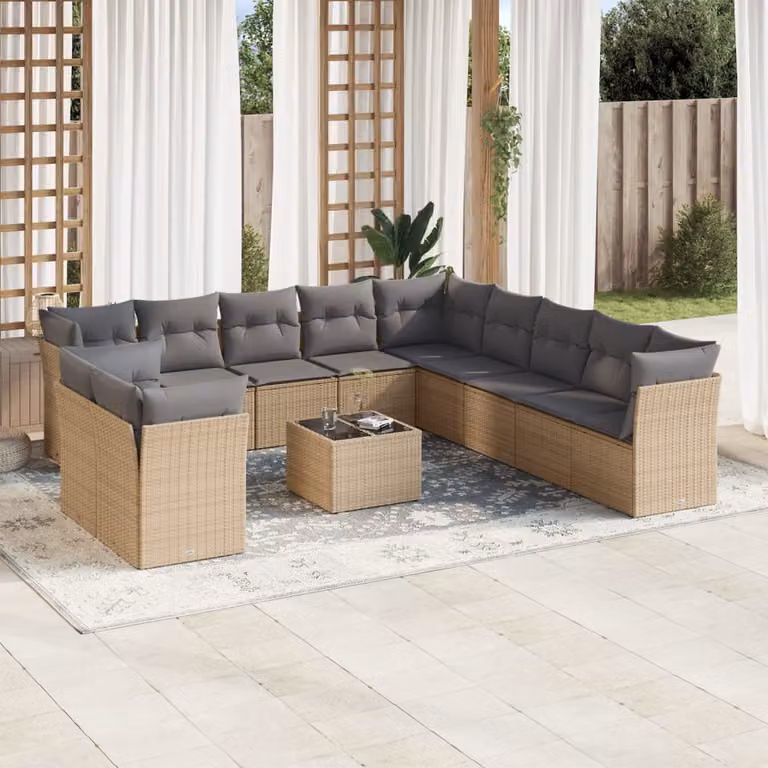 vidaXL Set Divani da Giardino 12 pz a Forma a U in Polyrattan con Cuscini Beige e Tavolino da Caffè