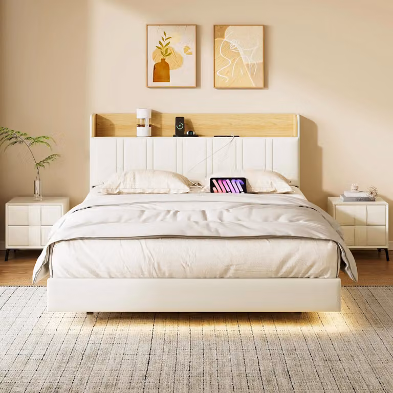 Letto imbottito - 140 x 190 cm - Design sospeso - Testiera con spazio contenitore - Struttura a listelli - Rivestimento inPoliuretano- Bianco
