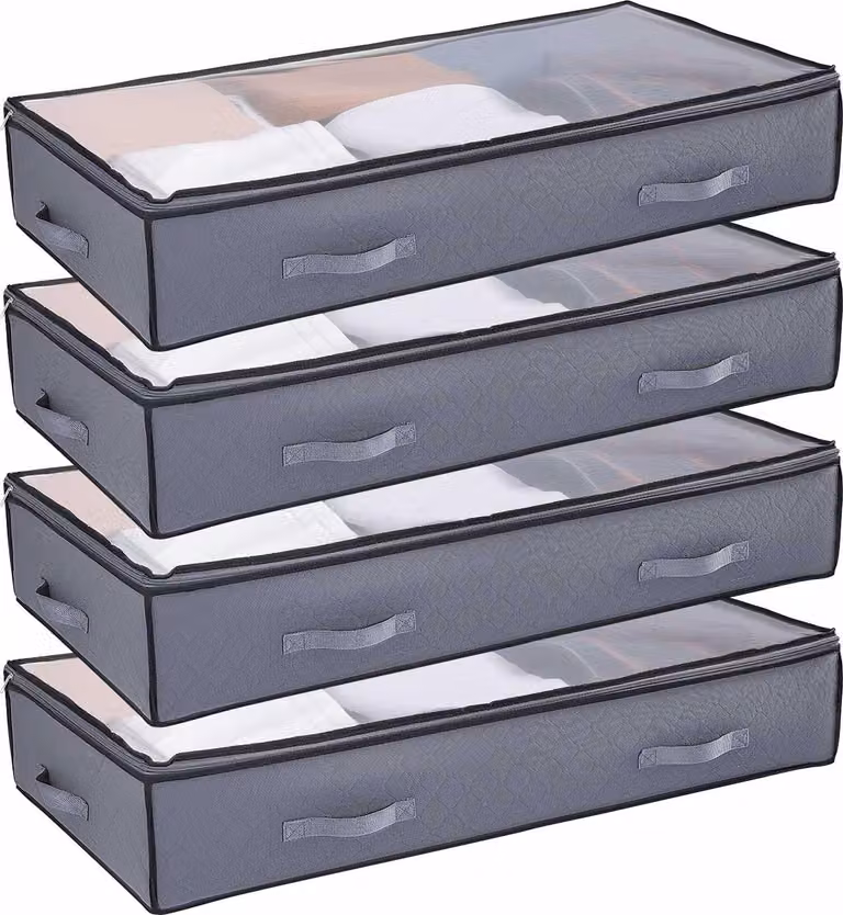 SucceBuy Cassettiera sotto il letto Set di 4 sacchetti (996 x 500 x 180 mm) con coperchi trasparenti (90 L), organizer per vestiti, scarpe e camera da letto