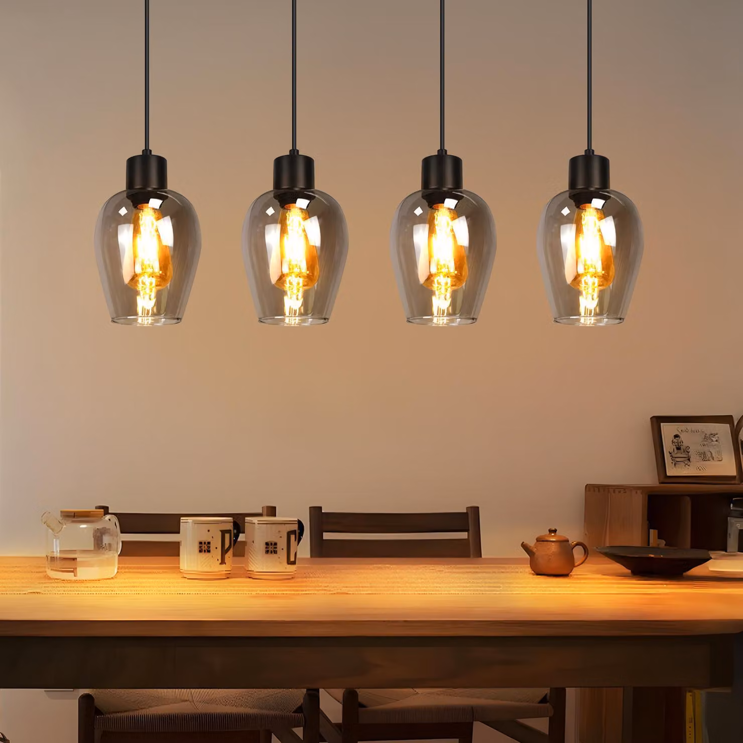 ZMH Lampada a sospensione a 4 fiamme nero - lampada a sospensione E27 lampada a sospensione vintage in vetro per tavolo da pranzo sala da pranzo cucina isola hotel soggiorno senza fonte di luce