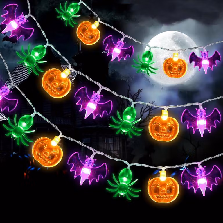 Catena luminosa a tema Halloween, 3 metri, 20 LED, con decorazioni a forma di zucca, ragno e pipistrello