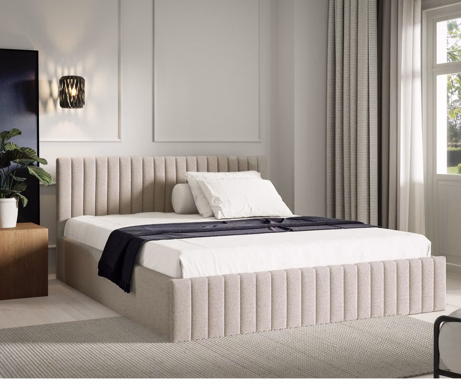 Letto imbottito 180x200, rivestito in tessuto beige effetto boucle, con struttura in legno a listelli e spazio contenitore