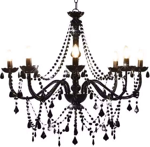 Lampadario in stile antico HELLOSHOP26 con perline in metallo nero, per 8 lampadine E14, L: 80 cm, P: 75 cm