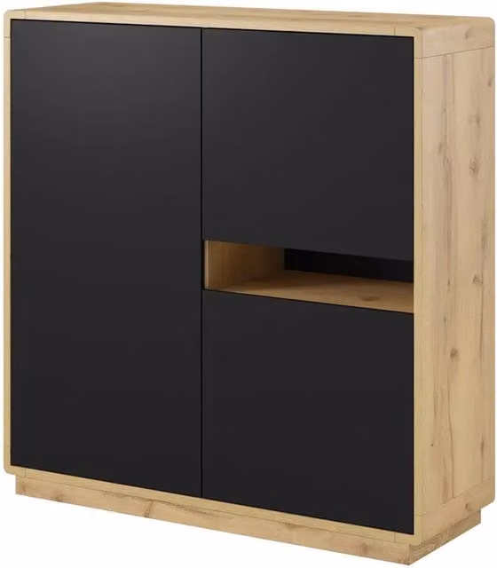 Buffet alto collezione VILLA. Colore rovere e nero. 3 porte e 1 nicchia illuminata.