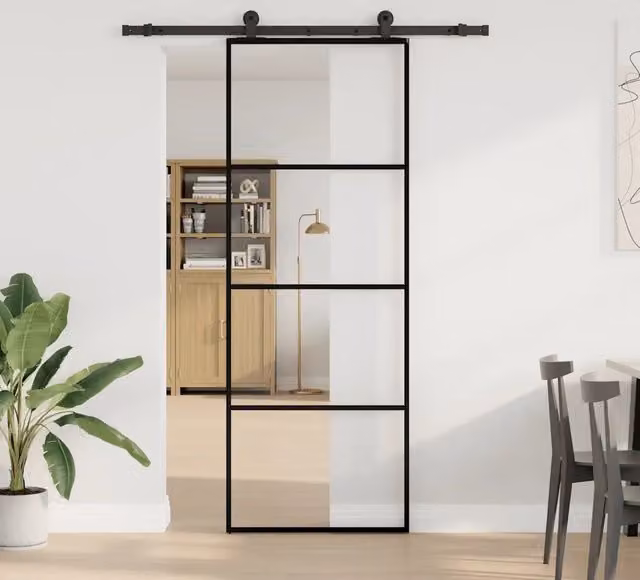 Porta Scorrevole Moderna vidaXL in Vetro e Alluminio Nero L: 76 cm, H: 205 cm